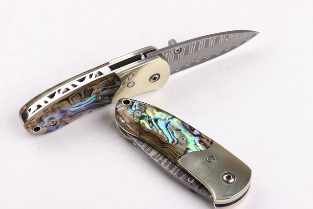 Damascus Small abalone pure copper folding knife UD403386